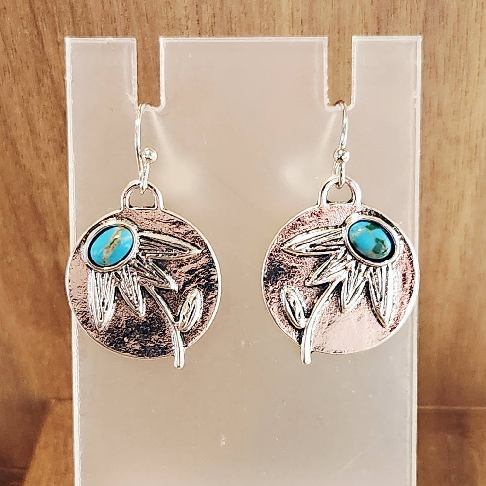 Silver Tone‎ Turquoise Floral Disc Drop Earrings Boho Southwestern Flower Dangle